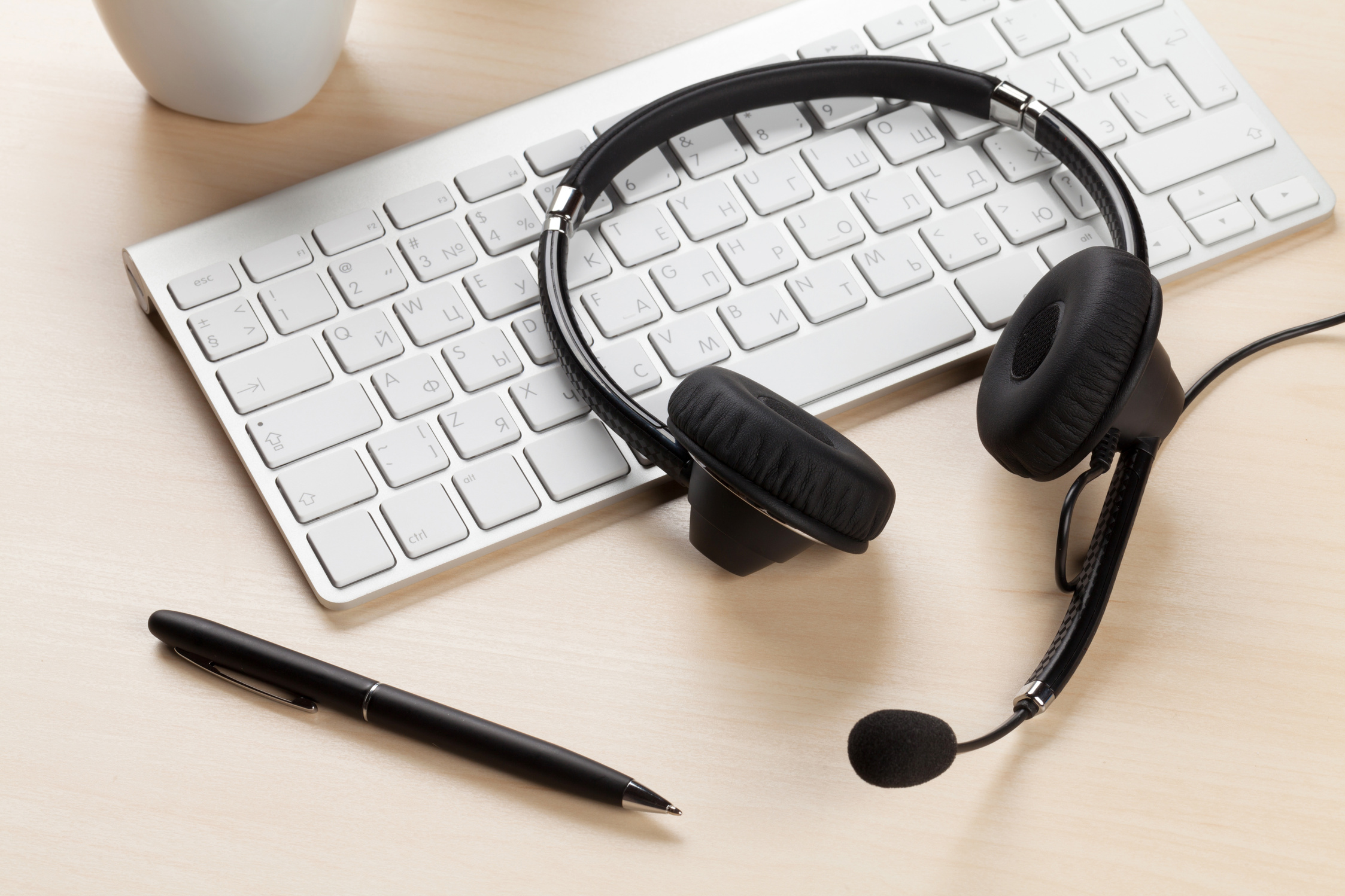 Office desk with headset. Call center support